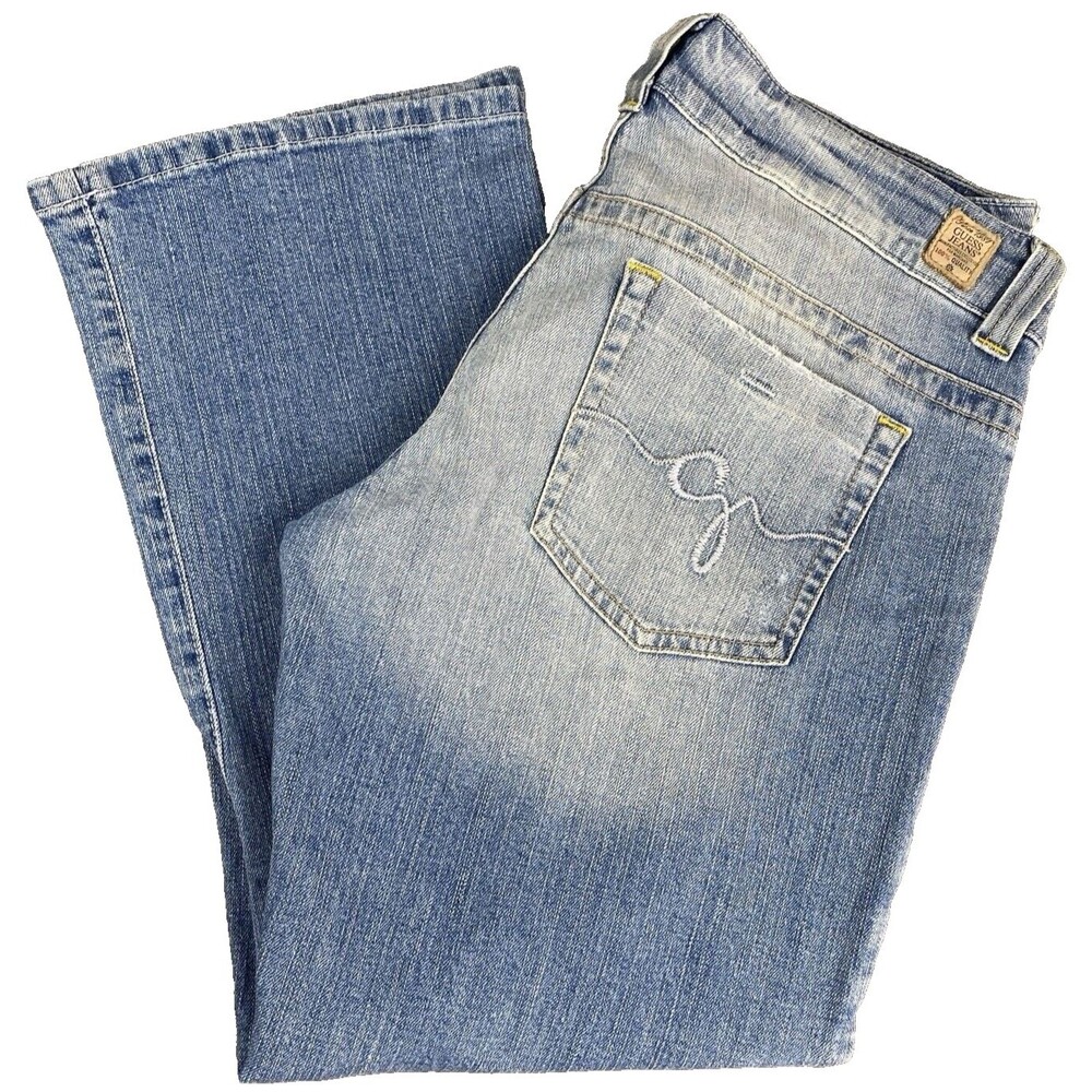Guess Jeans Womens 31 Low Rise Cropped Flare Kick Crop Denim Blue Y2K Stretch